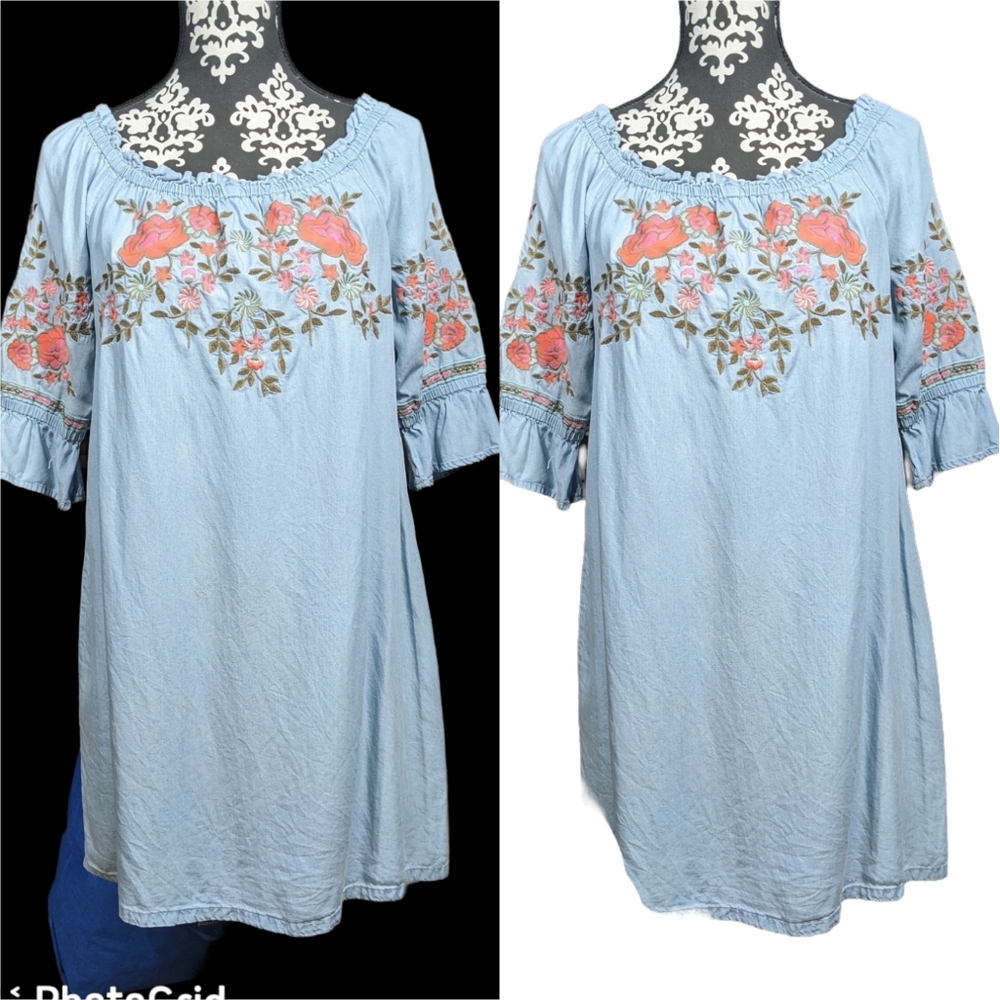 Coastal Grandma Chambray Denim Dress Oversize S Embroidery Coral Floral Garden